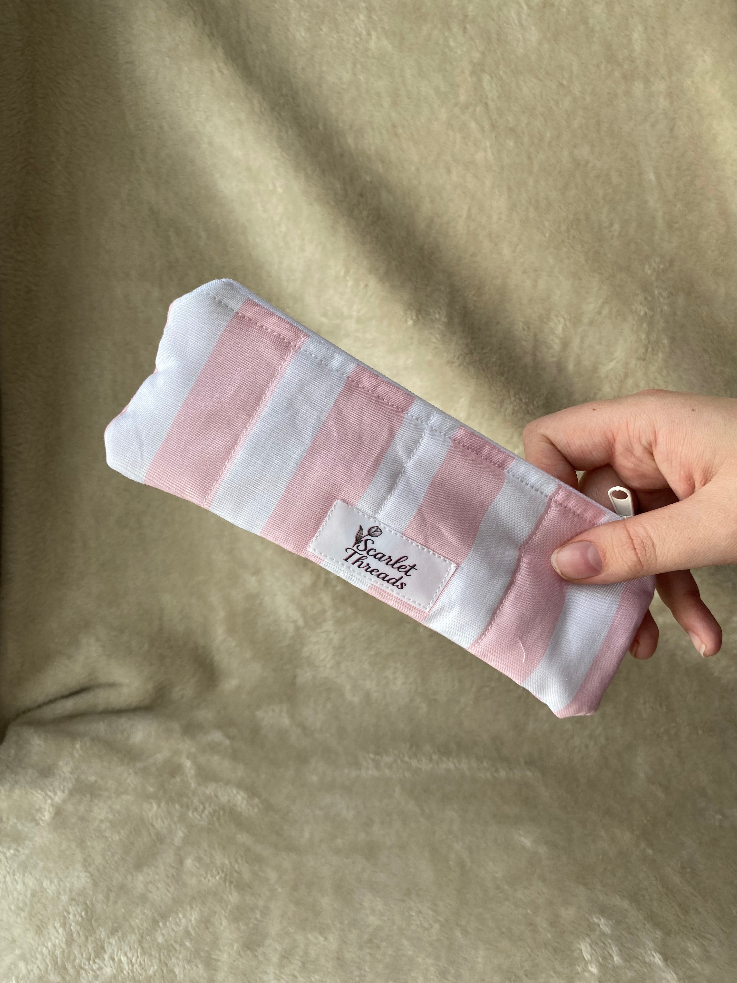 Pencil Case - Pink + White Stripes